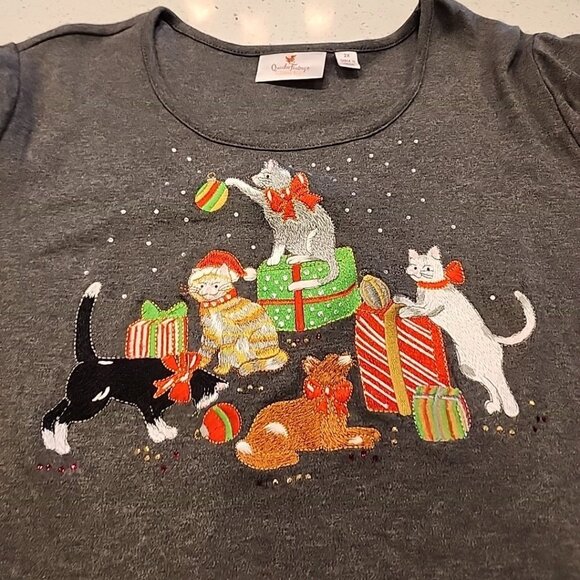 Quacker Factory Top Womens 2X gray cats Christmas presents Holiday Festive - Picture 1 of 6